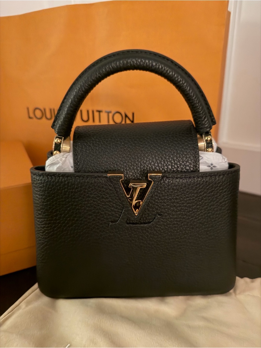 Black Top-Handle Satchel with Gold LV Logo